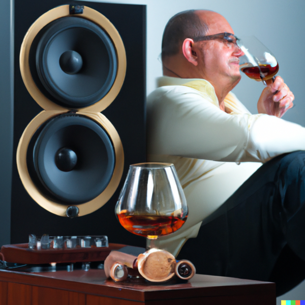DALL·E 2022-12-06 16.53.47 - hifi enthusiast listening to the music with loudspeakers of  bower and wilkins brand, while smoking cuban cigar and drinking cognac.png