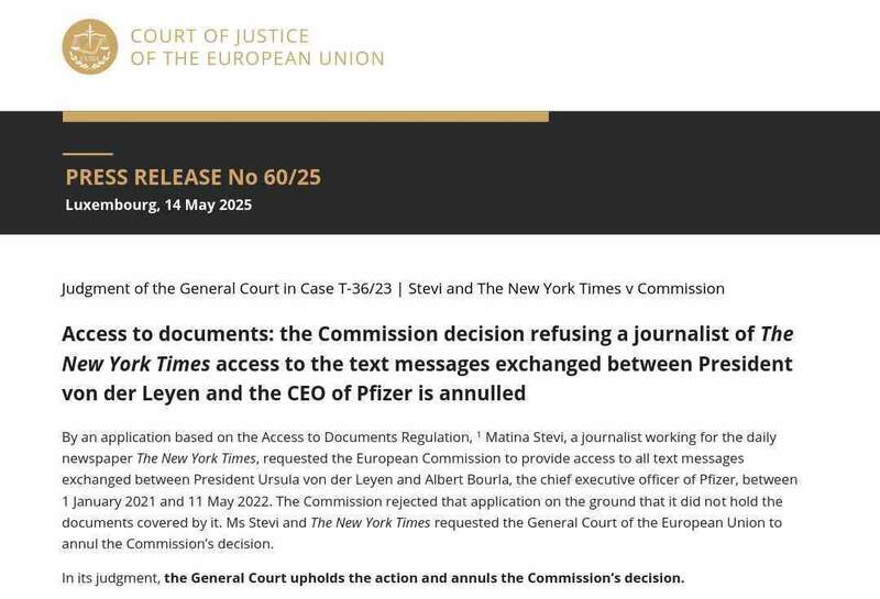 Screenshot 2025-05-14 at 16-51-32 Access to documents the Commission decision refusing a journalist of The New York Times access to the text messages exchanged between President von der Leyen and the CEO of Pfizer is annulled - cp250060en.pdf.jpg